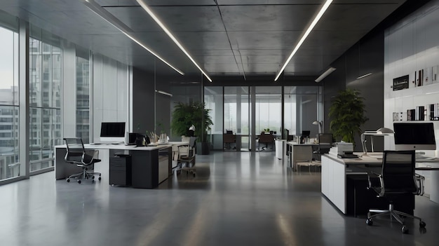 a large office with a view of the city skyline