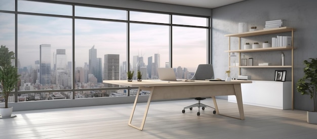 A large office with a view of the city skyline.