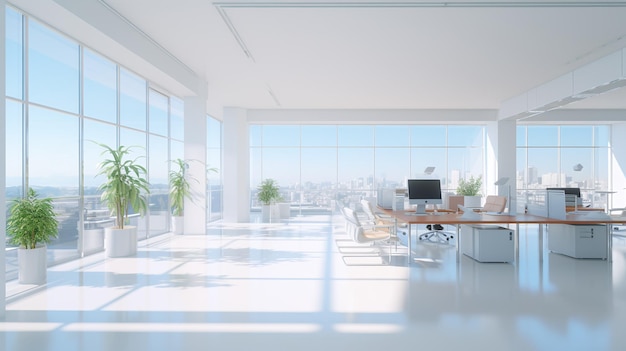 a large office with a view of the city