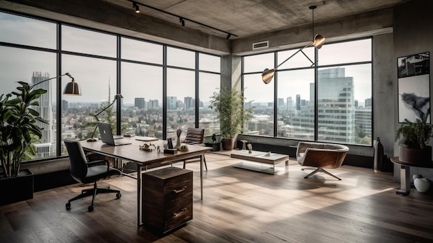 A large office with a view of the city