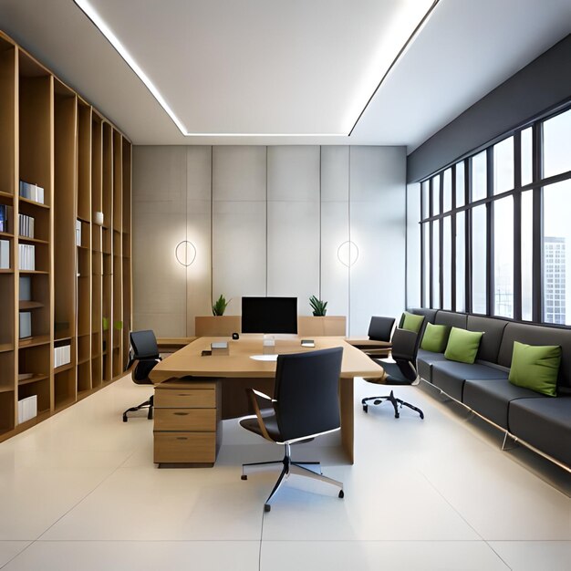 A large office with a wooden desk and a large window with a green pillow on the top.