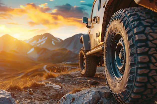 Large Offroad Wheel Against a Sunset and Mountains Travel Concept