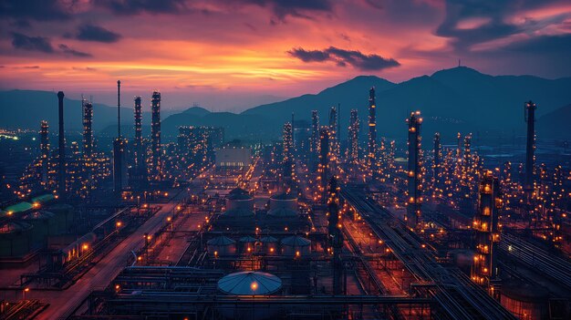 a large oil refinery is lit up at sunset