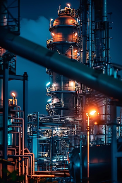 a large oil refinery with a blue background with a light on the top