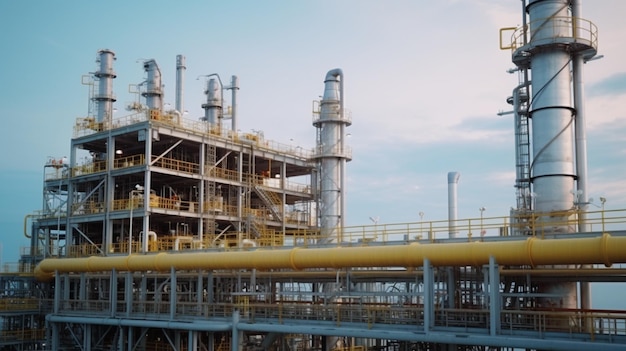 A large oil refinery with a blue sky in the background.