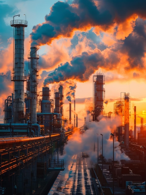 A large oil refinery with many pipes and smokestacks at sunset