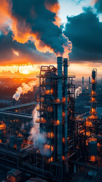 A large oil refinery with many pipes and storage tanks at sunset