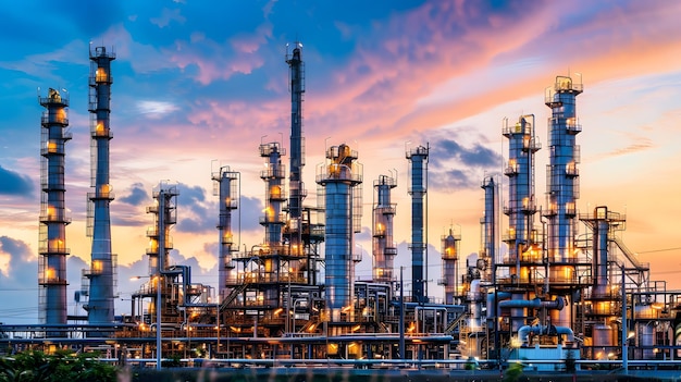 Photo a large oil refinery with a sunset in the background