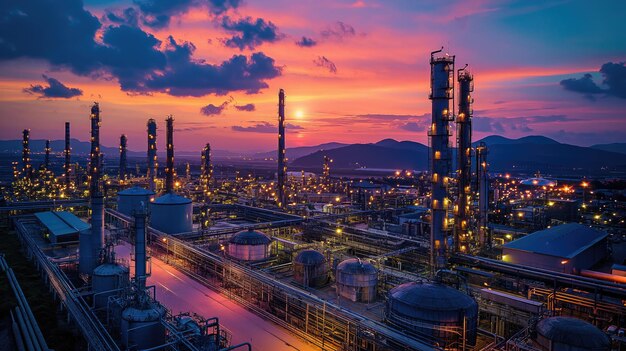 a large oil refinery with a sunset in the background