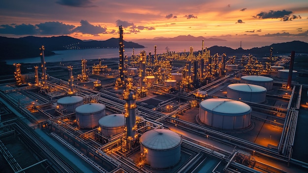 a large oil refinery with a sunset in the background