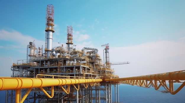 A large oil refinery with a yellow pipe and a blue sky in the background.