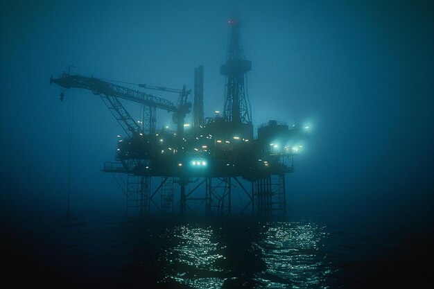 a large oil rig is on the water in the fog