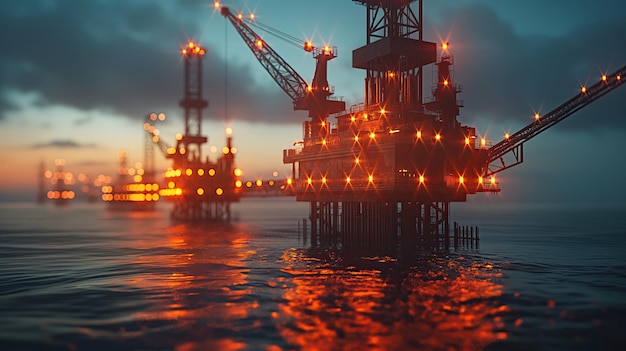 Photo a large oil rig is in the water with the lights on