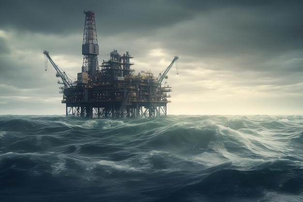 A large oil rig in the ocean with a cloudy sky in the background.