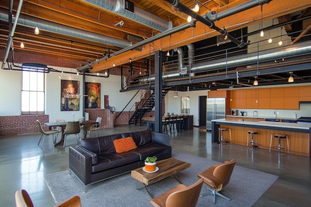 a large open floor plan with a staircase Industrial loft with steel beams and open ductwork