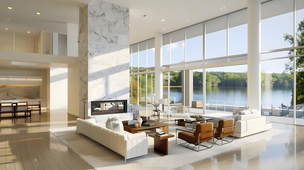 large open living room with lake view floor to ceiling windows view granite fireplac Generative AI