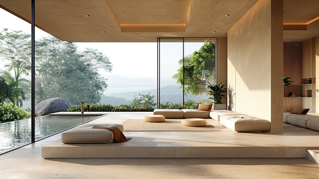 A large open living room with a pool and a view of the mountains