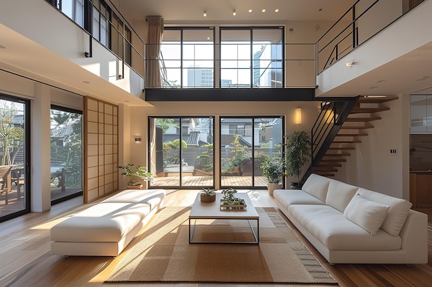 A large open living room with a white couch a coffee table and a potted plant