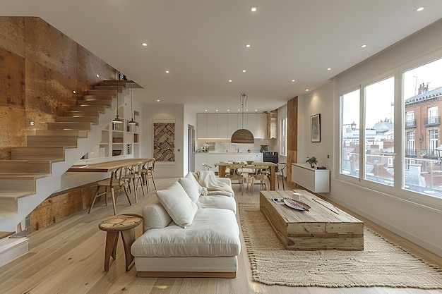 A large open living room with a wooden staircase leading up to a second floor