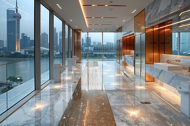 Photo a large open lobby with a view of the city and a long marble hallway