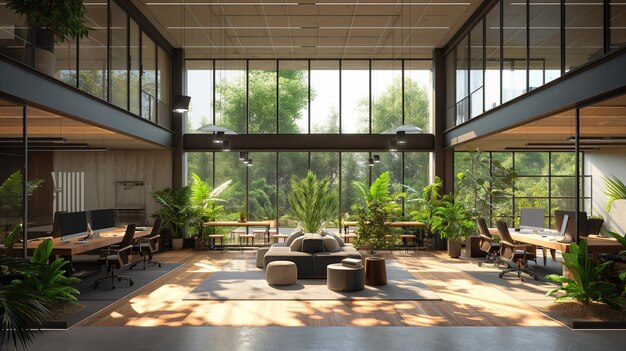 A large open office space with a lot of greenery and plants