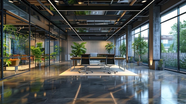 A large open office space with a lot of natural light and plants