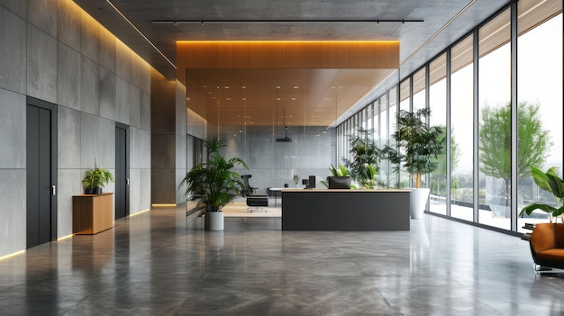 A large open office space with a lot of natural light and plants