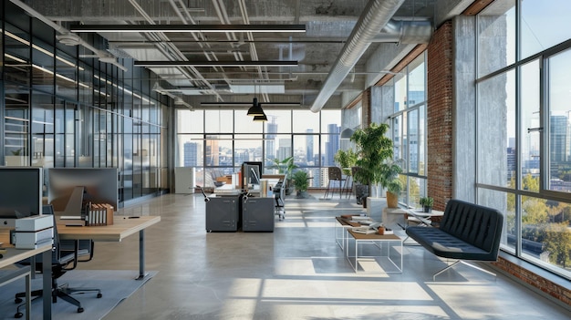 A large open office space with a view of the city