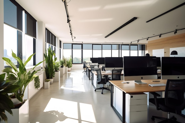 A large open office with a large window and a desk with a monitor on it.