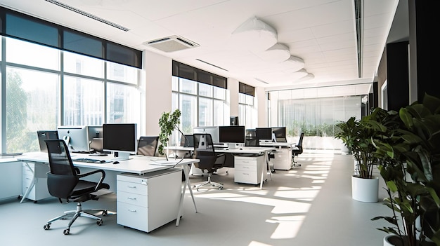 A large open office with a lot of computers on the floor