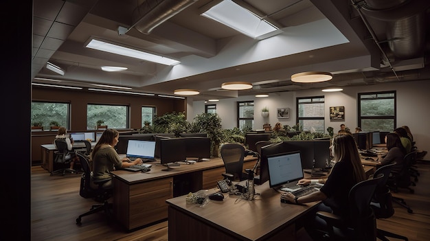 A large open office with a man working on a computer.