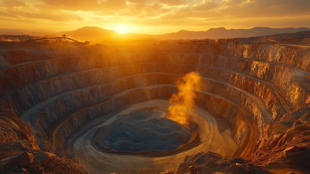 A large open pit mine at sunset with a plume of dust rising from the bottom of the pit