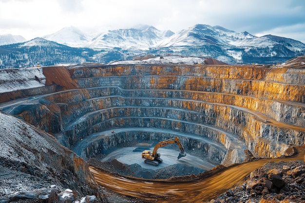 A large open pit mine with an excavator working in the bottom of the pit snowcapped mountains in the background