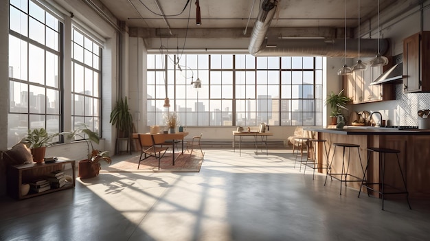 A large open space with a large window and a table with chairs and a planter on it.