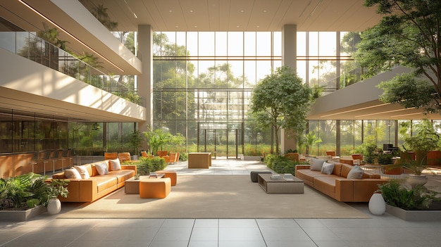 A large open space with a lot of greenery and a few couches