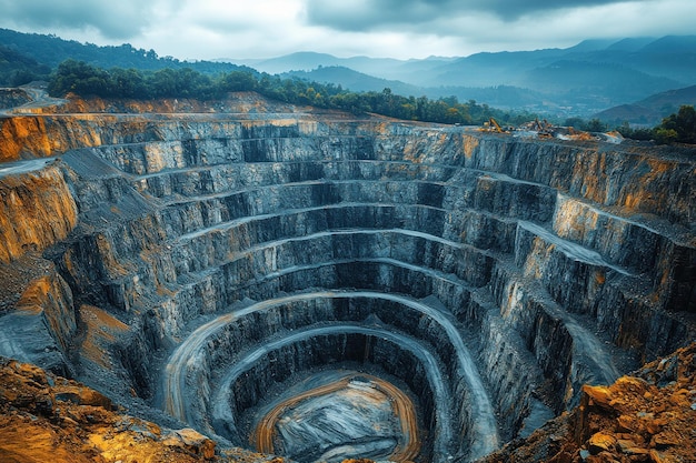 A large openpit mine in a mountainous region with layers of rock and dirt visible