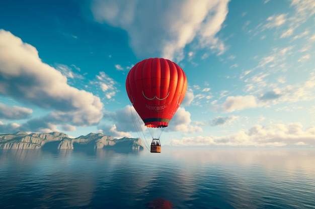 A large orange balloon flies over the lake A hot air balloon in flight