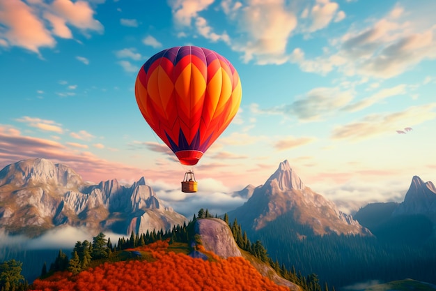 A large orange balloon flies over the mountains A hot air balloon in flight