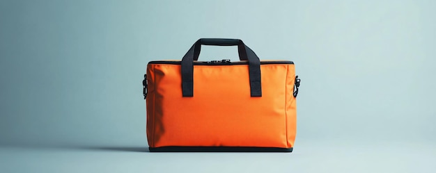 Large orange and black travel bag sitting on blue background