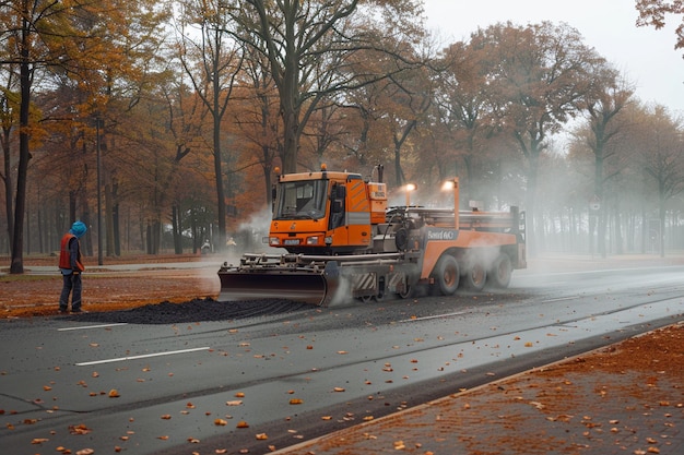 Photo a large orange bulldozer is on the road and the word  the word  on the front