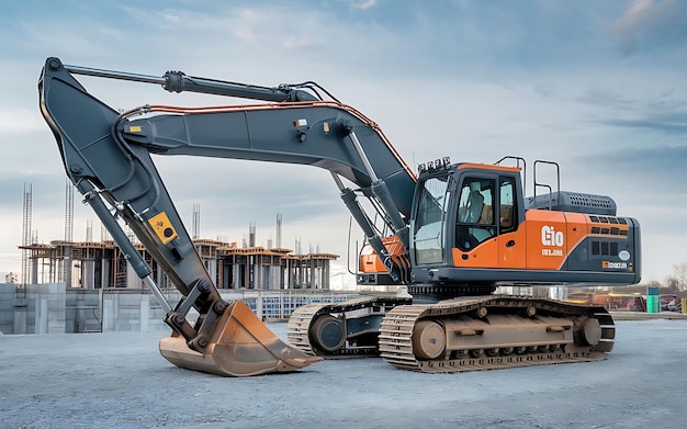 Photo a large orange excavator is parked on the snow