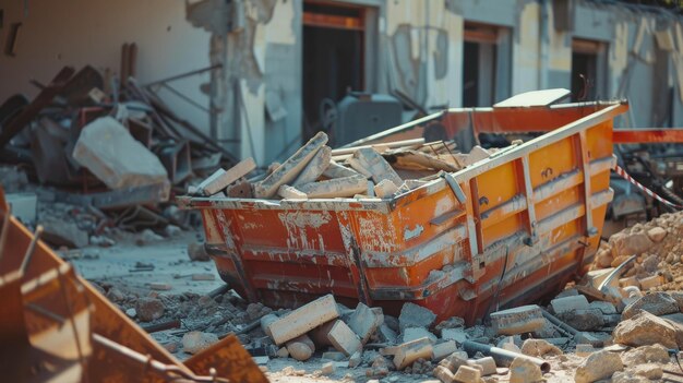 Photo a large orange skip bin overflowing with construction debris amidst a demolished site reflecting an ongoing building project