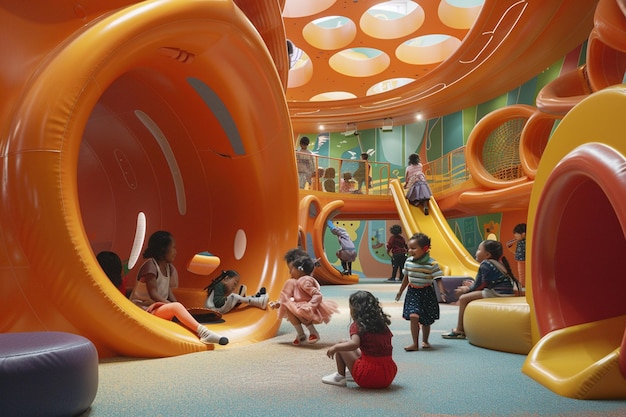 Photo a large orange slide with children sitting in it