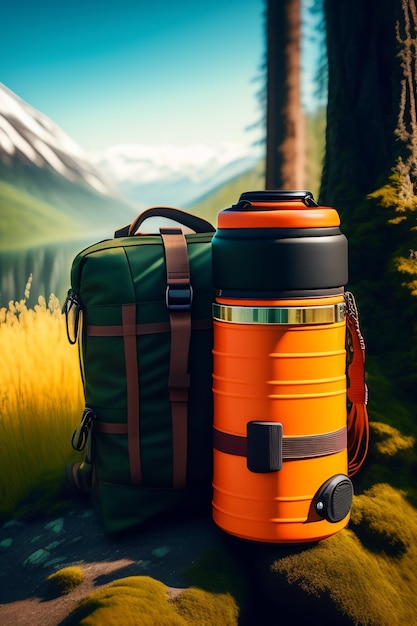 A large orange travel backpack and a green bag are next to a green bag