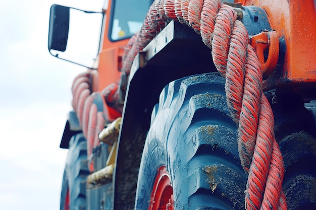 Photo a large orange truck has a red rope around it