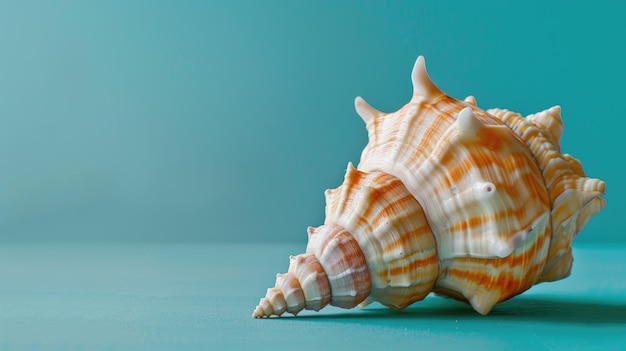 Large orange and white conch shell on aqua background