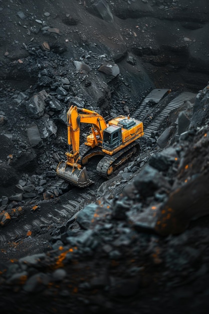 A large orange and yellow construction vehicle is driving through a rocky area