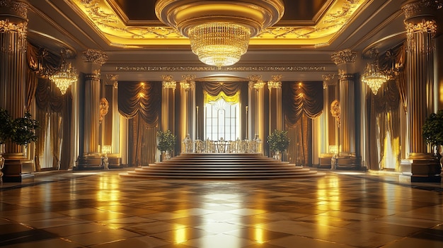 A large ornate ballroom with a chandelier hanging from the ceiling