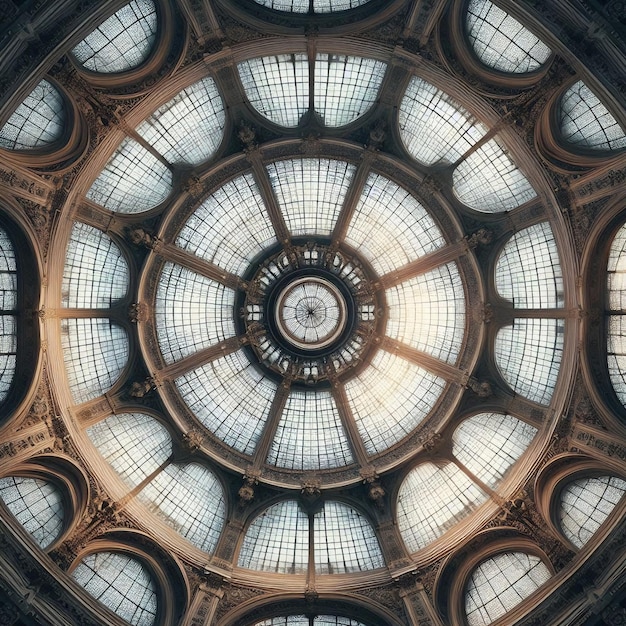 Photo a large ornate dome ceiling with a symmetrical pattern of glass panels