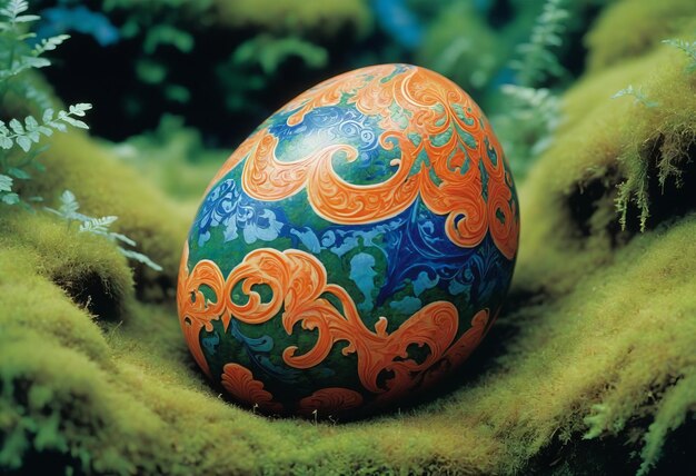 Photo a large ornate eggshaped object resting on a bed of moss